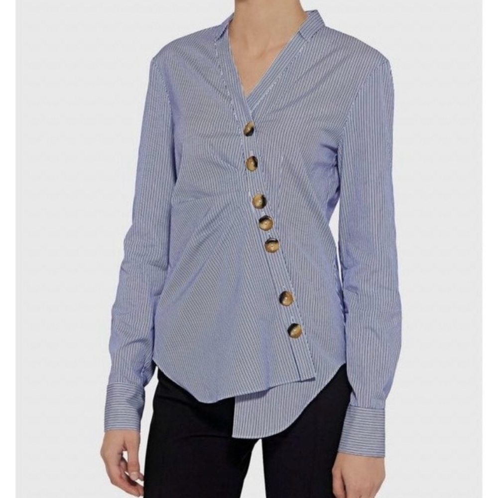 Tibi Blue Asymmetrical Button Down Shirt with Mandarin Collar